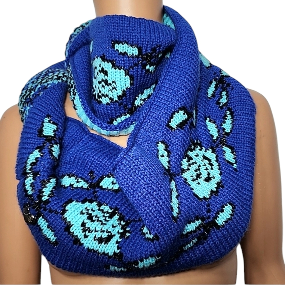 Betsey Johnson "Vintage Rose" Pattern Royal Blue & Aqua Knit Infinity Scarf Y2K